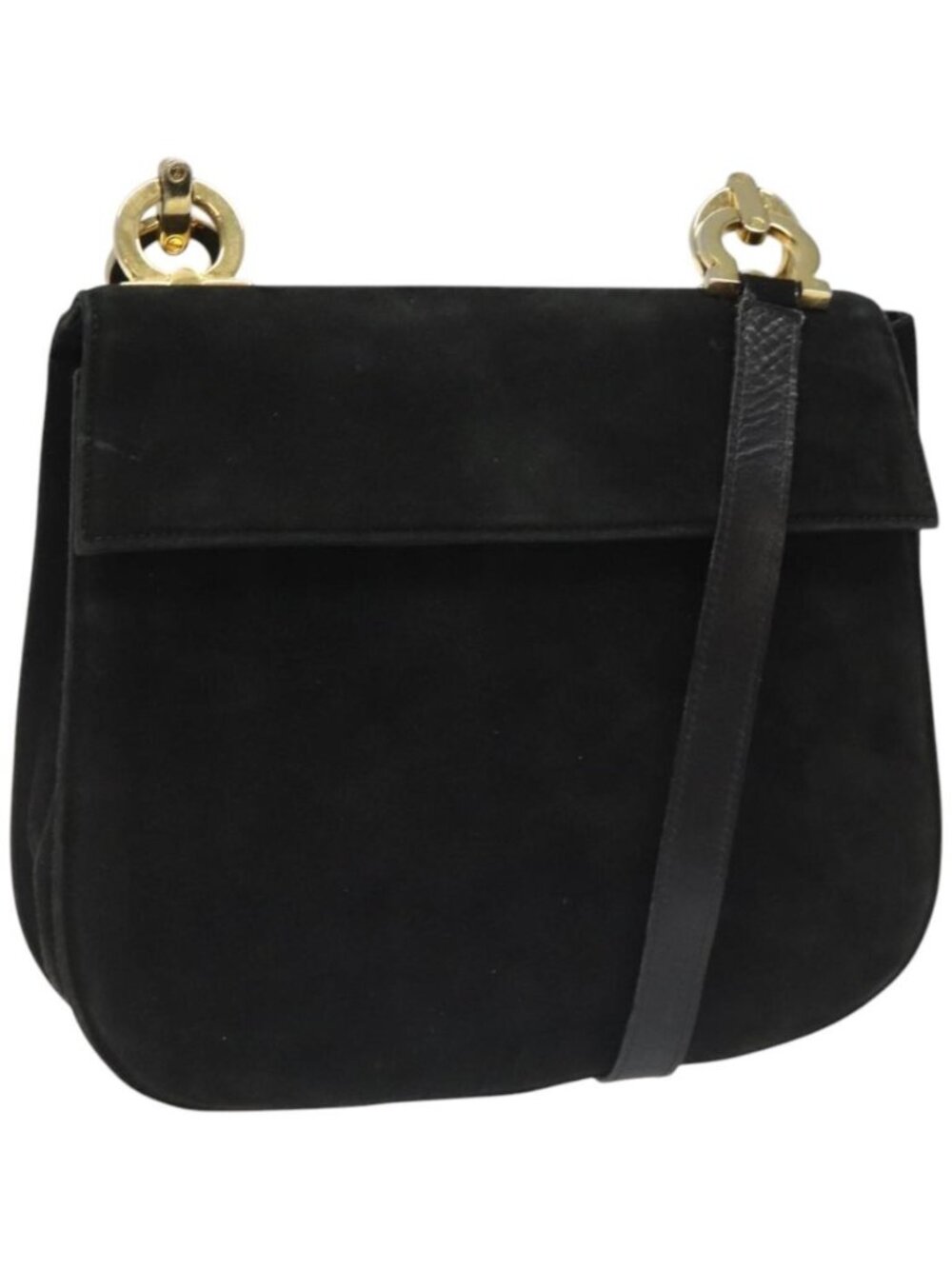 Salvatore Ferragamo Gancini Shoulder Bag Suede Black Gold